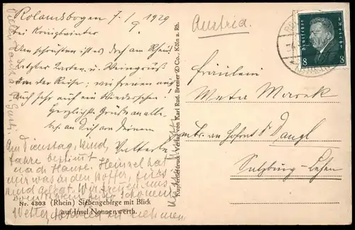 ALTE POSTKARTE SIEBENGEBIRGE RHEIN MIT BLICK AUF INSEL NONNENWERTH 1929 AK cpa Ansichtskarte postcard