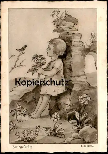 ALTE POSTKARTE ZWIEGESPRÄCH KIND & VOGEL 1931 LOTTE WITTIG child bird enfant Oldenburg-Wittig Ansichtskarte postcard cpa