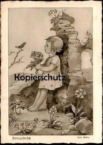 ALTE POSTKARTE ZWIEGESPRÄCH MÄDCHEN & VOGEL KIND 1931 LOTTE WITTIG child bird enfant Oldenburg-Wittig postcard cpa