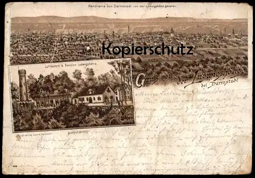 ALTE LITHO POSTKARTE GRUSS VON DER LUDWIGSHÖHE BEI DARMSTADT 1894 Vorläufer Pension Panorama Ansichtskarte cpa postcard