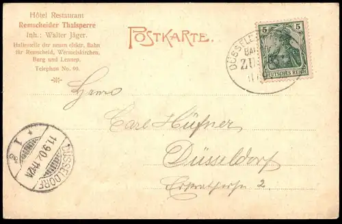 ALTE POSTKARTE THALSPERRE IM ESCHBACHTHALE BEI REMSCHEID INH. WALTER JÄGER HALTESTELLE NEUE ELEKTR. BAHN Eschbachtal