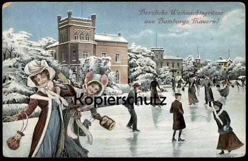 ALTE POSTKARTE HERZLICHE WEIHNACHTSGRÜSSE AUS HAMBURGS MAUERN HAMBURG WEIHNACHTEN SCHNEE ice skating Eislaufen Feenteich