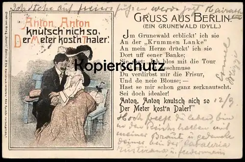 ALTE POSTKARTE GRUSS AUS BERLIN GRUNEWALD ANTON KNUTSCH Kuss kiss kissing baiser Thaler Ansichtskarte AK cpa postcard
