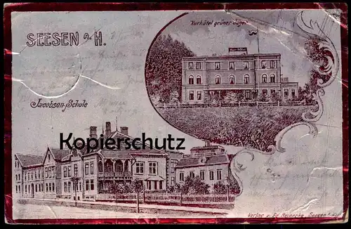 ALTE LITHO POSTKARTE SEESEN AM HARZ JACOBSON SCHULE SYNAGOGE KURHOTEL GRÜNER JÄGER synagogue shul Ansichtskarte postcard