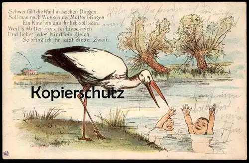 ALTE KÜNSTLER POSTKARTE STORCH ZWILLINGE HUMOR NACKTE BABYS twins jumeaux Humour Enfant Bébé nu nude Cigogne Stork cpa