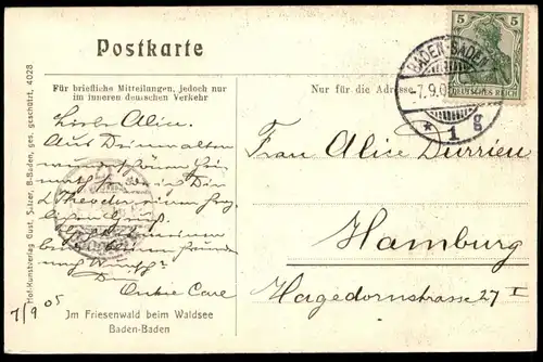 ALTE POSTKARTE BADEN-BADEN IM FRIESENWALD BEIM WALDSEE Bauminschrift Baum-Inschrift tree inscription arbre cpa postcard