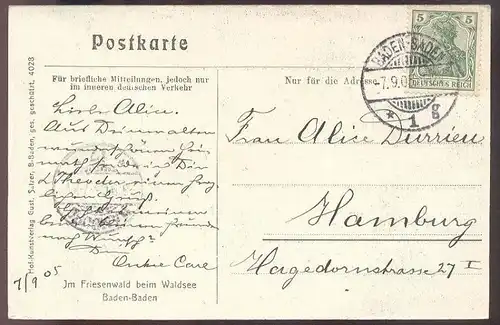 ALTE POSTKARTE BADEN-BADEN IM FRIESENWALD BEIM WALDSEE Bauminschrift Baum-Inschrift tree inscription arbre cpa postcard