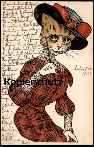 ALTE POSTKARTE KATZE ALS DIVA STRENG DAME VERMENSCHLICHT Brille Kostüm glasses lunettes Katzen Cat Chat Cats Chats cpa