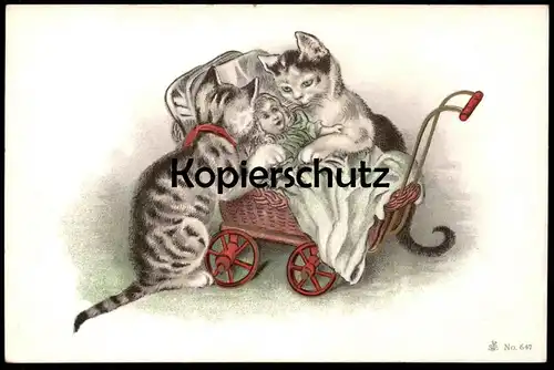 ALTE POSTKARTE KATZEN BABY IM KINDERWAGEN 1901 Kind Puppe Mädchen Doll Child Enfant Katze Cat Chat Cats pram poussette