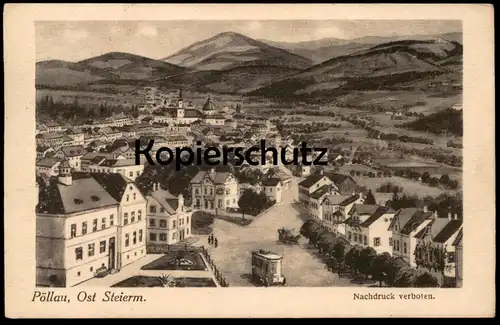 ALTE POSTKARTE PÖLLAU OST STEIERMARK Bus Kutsche Steiermark Radierung ? Etching Gravure postcard Marke Posthorn 2 Kronen