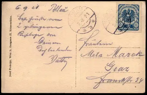 ALTE POSTKARTE PÖLLAU OST STEIERMARK Bus Kutsche Steiermark Radierung ? Etching Gravure postcard Marke Posthorn 2 Kronen