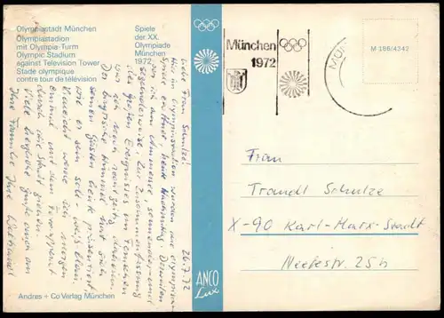 POSTKARTE MÜNCHEN OLYMPIASTADION MIT OLYMPIATURM Olympiapark Olympic Games Olympiades Turm tower tour stade cpa postcard