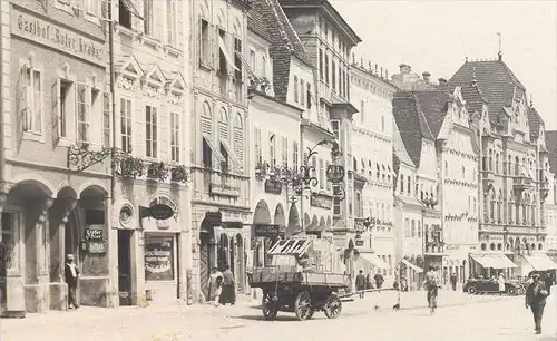 ALTE POSTKARTE STEYR STADTPLATZ GASTHOF ROTER KREBS Bus Autobus Zipfer Bier beer Oberösterreich Österreich Austria cpa