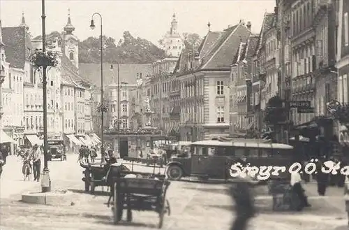 ALTE POSTKARTE STEYR STADTPLATZ GASTHOF ROTER KREBS Bus Autobus Zipfer Bier beer Oberösterreich Österreich Austria cpa