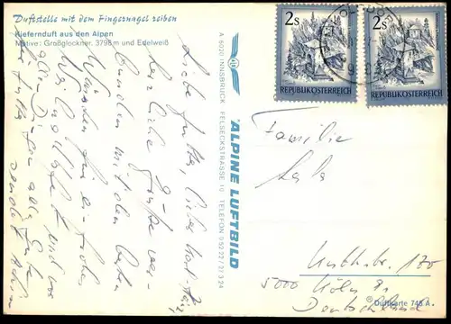 ÄLTERE POSTKARTE DUFTKARTE AUS DEN ALPEN EDELWEISS KIEFERNDUFT REIBE HIER UND RIECHE AK cpa postcard Ansichtskarte