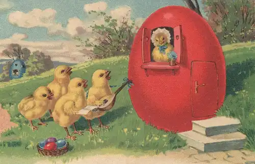 ALTE POSTKARTE EIN FROHES OSTERFEST KÜKEN VERMENSCHLIICHT MUSIKANTEN Ostern Easter humanised biggy chick egg postcard