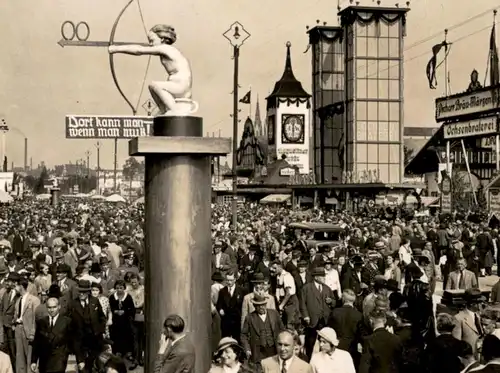 ALTE POSTKARTE MÜNCHEN GRUSS VOM OKTOBERFEST 1936 WIESN PSCHORR Ochsenbraterei WC Toilette toilet Ansichtskarte postcard