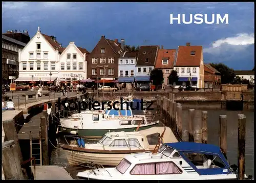 ÄLTERE POSTKARTE HUSUM HAFEN NORDSEE BOOTE harbour Boot Autos Auto Mercedes Ansichtskarte postcard cpa AK