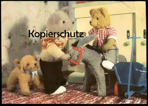 ÄLTERE GLÜCKWUNSCH POSTKARTE TEDDY BÄR VERMENSCHLICHT ESEL HUND DDR Stofftier bear ours dog chien donkey ane AK postcard