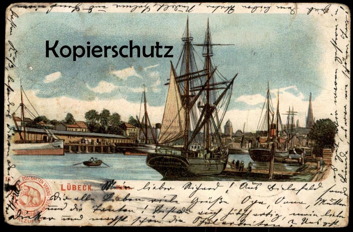 ALTE LITHO POSTKARTE LÜBECK SEGELSCHIFF Hafen harbour port