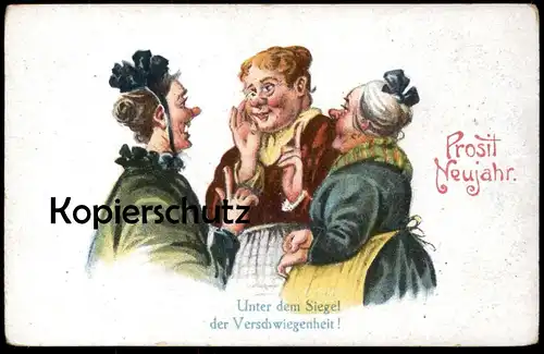 ALTE POSTKARTE PROSIT NEUJAHR SIEGEL DER VERSCHWIEGENHEIT Tratschweiber Frauen Tratsch gossip Humor humour cancanage cpa