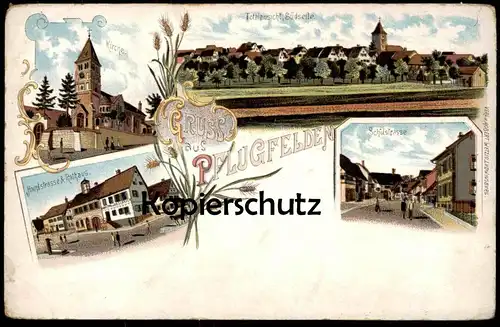 ALTE LITHO POSTKARTE GRUSS AUS PFLUGFELDEN SCHULSTRASSE HAUPTSTRASSE RATHAUS TOTAL LUDWIGSBURG Ansichtskarte postcard AK