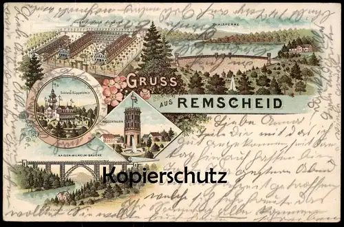 ALTE LITHO POSTKARTE GRUSS AUS REMSCHEID AUSSTELLUNGS-GEBÄUDE WASSERTHURM KÜPPELSTEIN THALSPERRE Ansichtskarte postcard