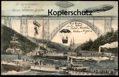 ALTE POSTKARTE REMSCHEID DER ZUKUNFTSHAFEN AN DER KAISER-WILHELM BRÜCKE Zeppelin airship Ballon Zukunftskarte postcard