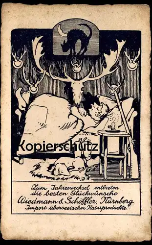 ALTE KARTE JÄGER TRAUM KATZE WIEDMANN & SCHÖFFLER NÜRNBERG cat chat hunter Jagd chasseur Ansichtskarte cpa postcard