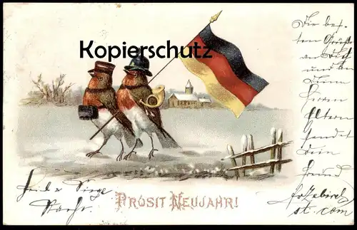 ALTE POSTKARTE PROSIT NEUJAHR ROTKEHLCHEN VERMENSCHLICHT POSTILLON Flagge robin le rouge-gorge Ansichtskarten postcard