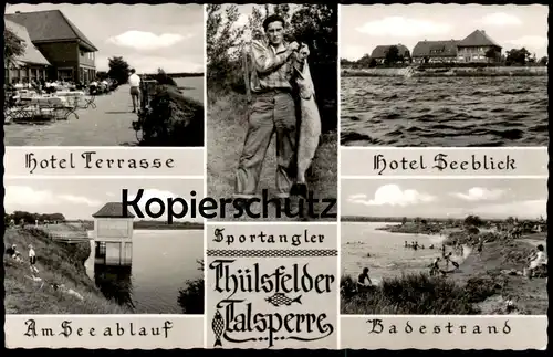 ÄLTERE POSTKARTE THÜLSFELDER TALSPERRE SPORTANGLER HECHT ANGLER Fisher Pecheur Pike Pickerel Brochet Thüle Friesoythe AK