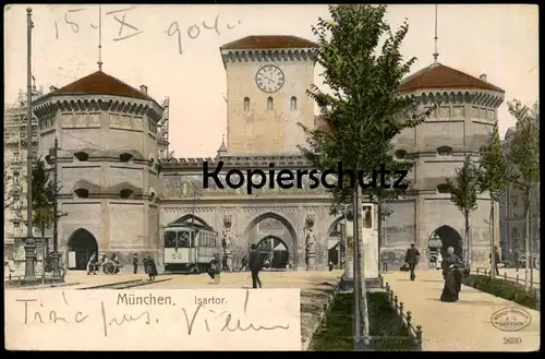 ALTE POSTKARTE MÜNCHEN ISARTOR STRASSENBAHN tram tramway Stempel Bahnpost Bayern Ansichtskarte postcard cpa AK
