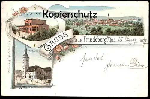 ALTE LITHO POSTKARTE GRUSS AUS FRIEDEBERG QUEIS BAHNHOF RATHHAUS 1897 station gare Mirsk Ansichtskarte cpa postcard AK