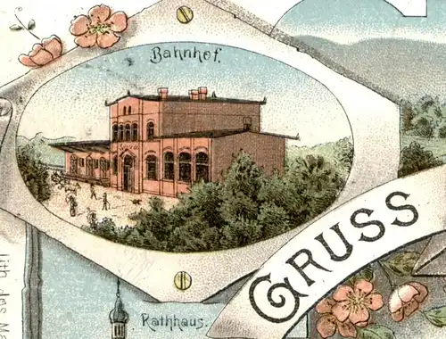 ALTE LITHO POSTKARTE GRUSS AUS FRIEDEBERG QUEIS BAHNHOF RATHHAUS 1897 station gare Mirsk Ansichtskarte cpa postcard AK