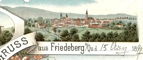 ALTE LITHO POSTKARTE GRUSS AUS FRIEDEBERG QUEIS BAHNHOF RATHHAUS 1897 station gare Mirsk Ansichtskarte cpa postcard AK