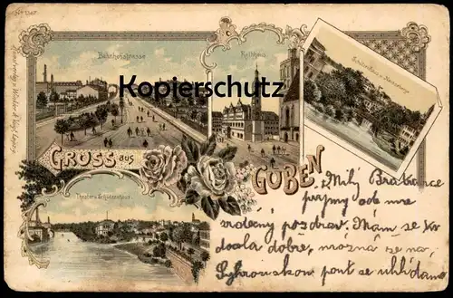 ALTE LITHO POSTKARTE GRUSS AUS GUBEN BAHNHOFSTRASSE THEATER & SCHÜTZENHAUS NEISSEBERGE Ansichtskarte AK postcard
