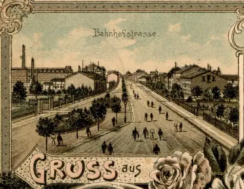 ALTE LITHO POSTKARTE GRUSS AUS GUBEN BAHNHOFSTRASSE THEATER & SCHÜTZENHAUS NEISSEBERGE Ansichtskarte AK postcard