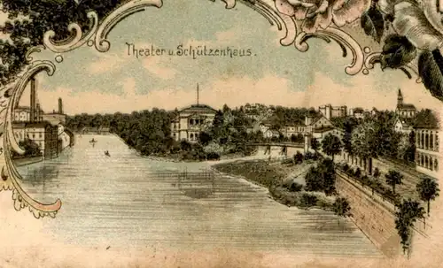 ALTE LITHO POSTKARTE GRUSS AUS GUBEN BAHNHOFSTRASSE THEATER & SCHÜTZENHAUS NEISSEBERGE Ansichtskarte AK postcard