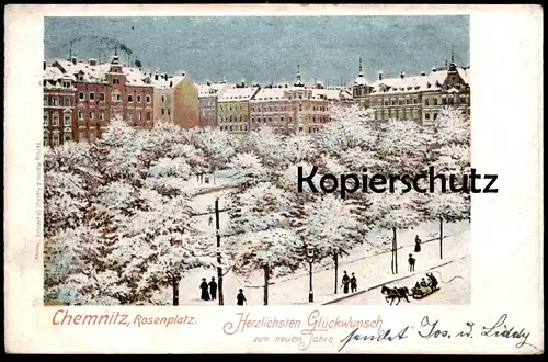 ALTE POSTKARTE CHEMNITZ NEUJAHR HERZLICHSTEN GLÜCKWUNSCH ZUM NEUEN JAHRE ROSENPLATZ Schlitte luge sleigh Ansichtskarte