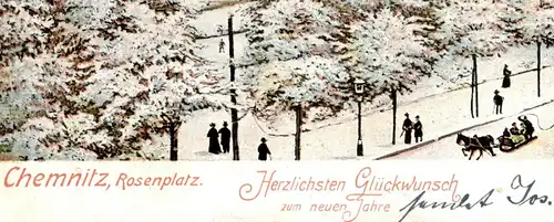 ALTE POSTKARTE CHEMNITZ NEUJAHR HERZLICHSTEN GLÜCKWUNSCH ZUM NEUEN JAHRE ROSENPLATZ Schlitte luge sleigh Ansichtskarte