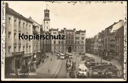 ALTE POSTKARTE ZITTAU MARKT MIT RATHAUS Taxi Bus Gustav Renger Ewald Zimmermann Oberlausitz Sachsen Ansichtskarte AK