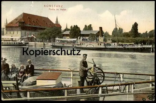 ALTE POSTKARTE KONSTANZ PARTIE IM HAFEN SCHIFFSGLOCKE KAPITÄN STEUER DAMPFER STADT ÜBERLINGEN Schiff ship Ansichtskarte