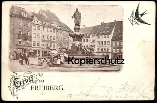 ALTE JUGENDSTIL POSTKARTE GRUSS AUS FREIBERG Brunnen Uhlig's Restaurant Denkmal Sachsen cpa postcard Ansichtskarte AK