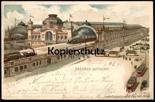 ALTE ORIGINAL LITHO POSTKARTE DRESDEN HAUPTBAHNHOF Bahnhof station gare Dampflok Tram locomotive Ansichtskarte postcard