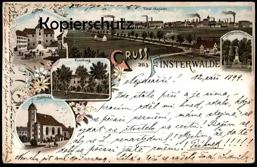 ALTE LITHO POSTKARTE GRUSS AUS FINSTERWALDE 1899 FORSTHANG SCHLOSS TOTAL-ANSICHT STADTKIRCHE Ansichtskarte postcard cpa