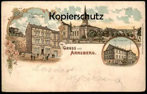 ALTE LITHO POSTKARTE GRUSS AUS ARNSBERG HAMBURGER ENGROS WILH. LOHMEYER LAGER KGL. LANDGERICHT Ansichtskarte AK postcard