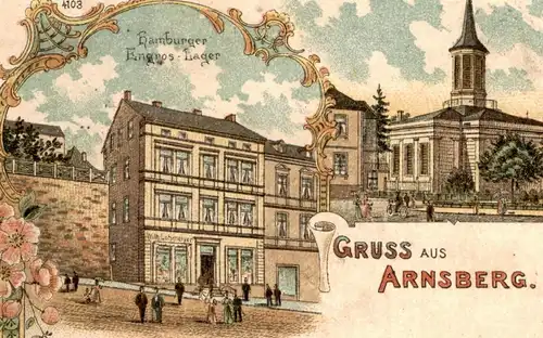 ALTE LITHO POSTKARTE GRUSS AUS ARNSBERG HAMBURGER ENGROS WILH. LOHMEYER LAGER KGL. LANDGERICHT Ansichtskarte AK postcard