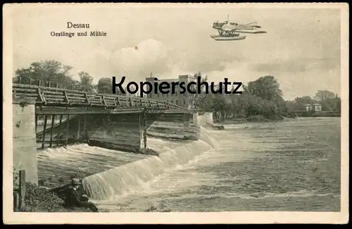 ALTE POSTKARTE DESSAU GESTÄNGE UND MÜHLE MIT FLUGZEUG Wasserflugzeug airplane plane waterplane aeroboat hydravion cpa AK