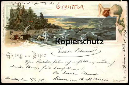 ALTE LITHO POSTKARTE GRUSS AUS BINZ 1898 RÜGEN NIXE MEERJUNGFRAU GEWITTER Oceaniden thunderstorm storm mermaid orage