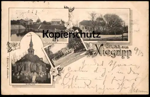 ALTE POSTKARTE GRUSS AUS NIEGRIPP SCHLEUSE GUTSHOF GASTHOF ZUM GRÜNEN BAUM KIRCHE SACHSEN-ANHALT BURG Ansichtskarte AK